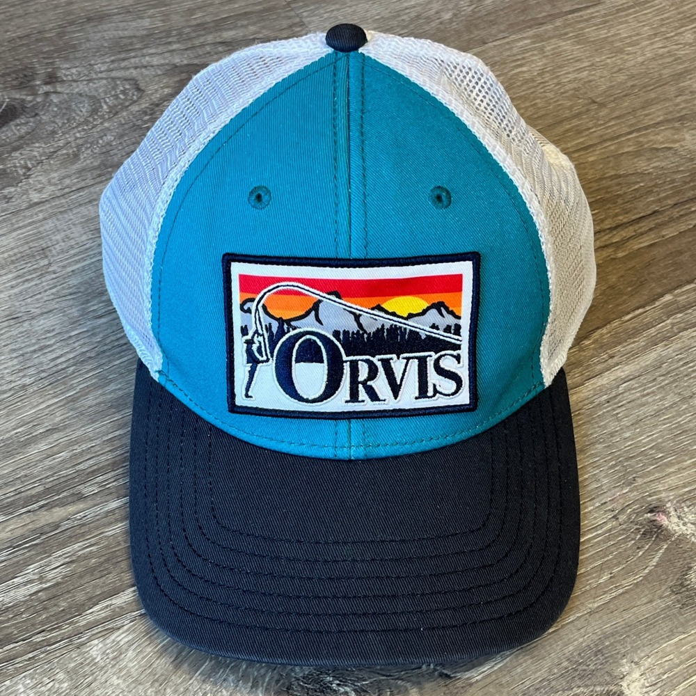 Orvis Fly Fishing Trucker Hat Teal Navy White Mesh Snapback Mountain Sunset Cap